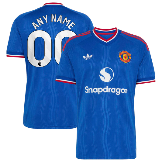 Front and back view of men's Manchester United 2026-2027 away royal blue replica custom jersey by Final Third Kit