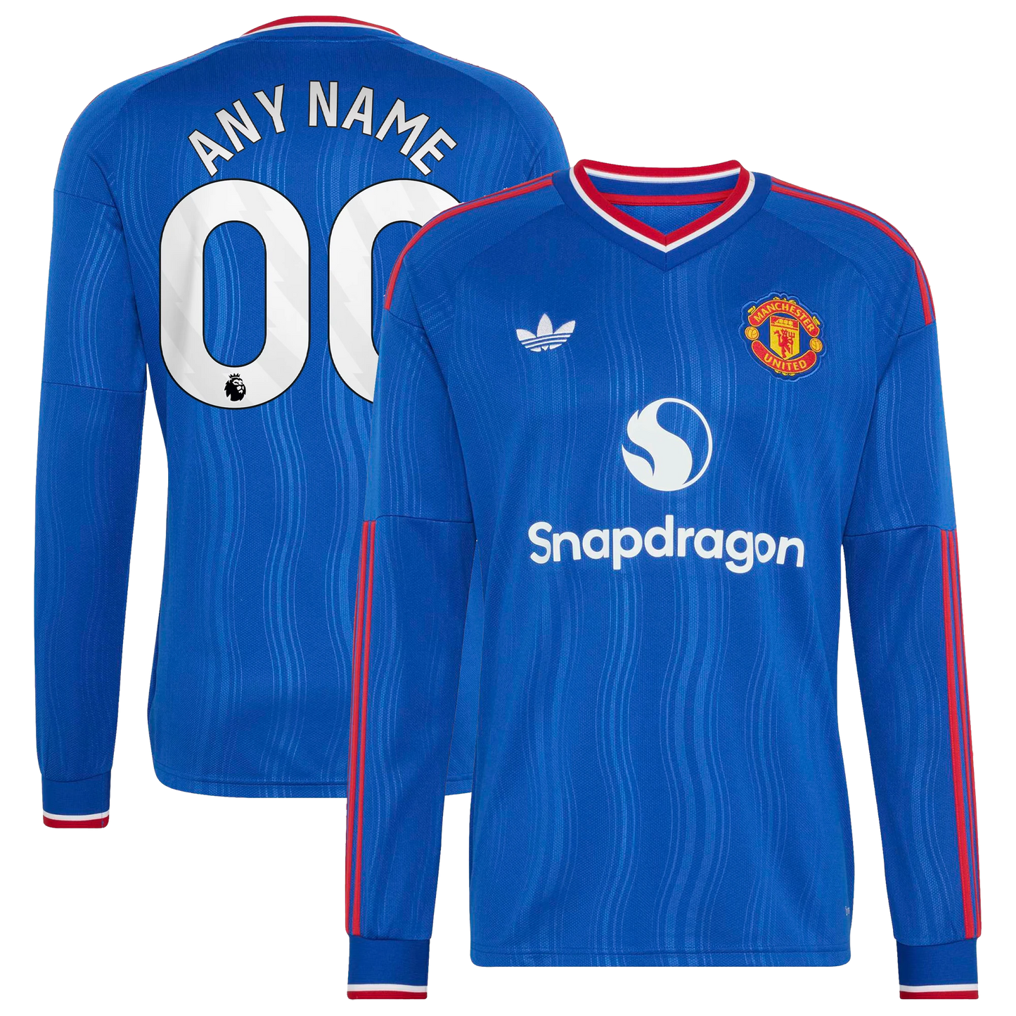 Front and back view of men's Manchester United 2026-2027 away royal blue replica long sleeve custom jersey by Final Third Kit