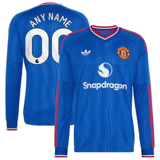 Front and back view of men's Manchester United 2026-2027 away royal blue replica long sleeve custom jersey by Final Third Kit