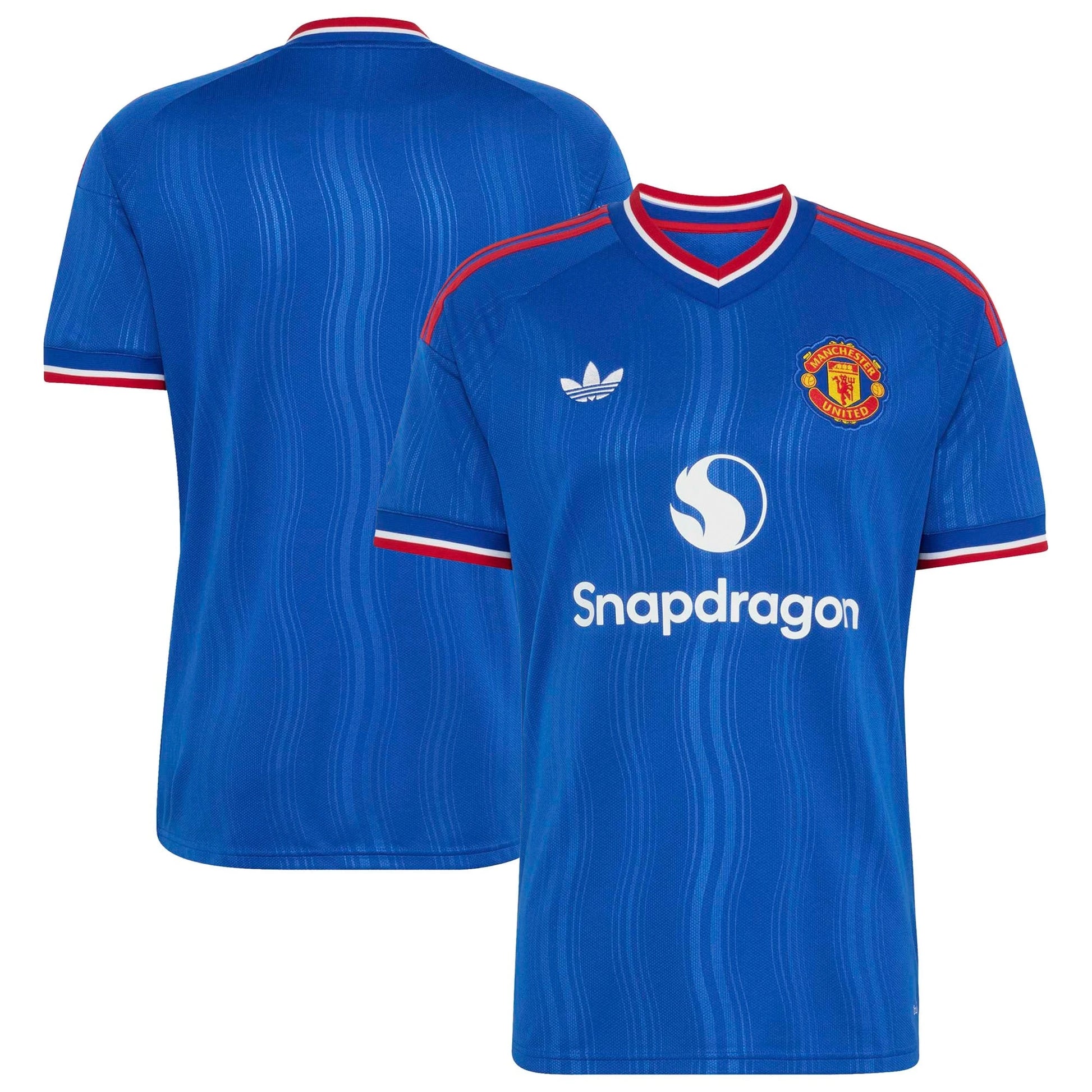 Front and back view of men's Manchester United 2026-2027 away royal blue replica stadium jersey by Final Third Kit
