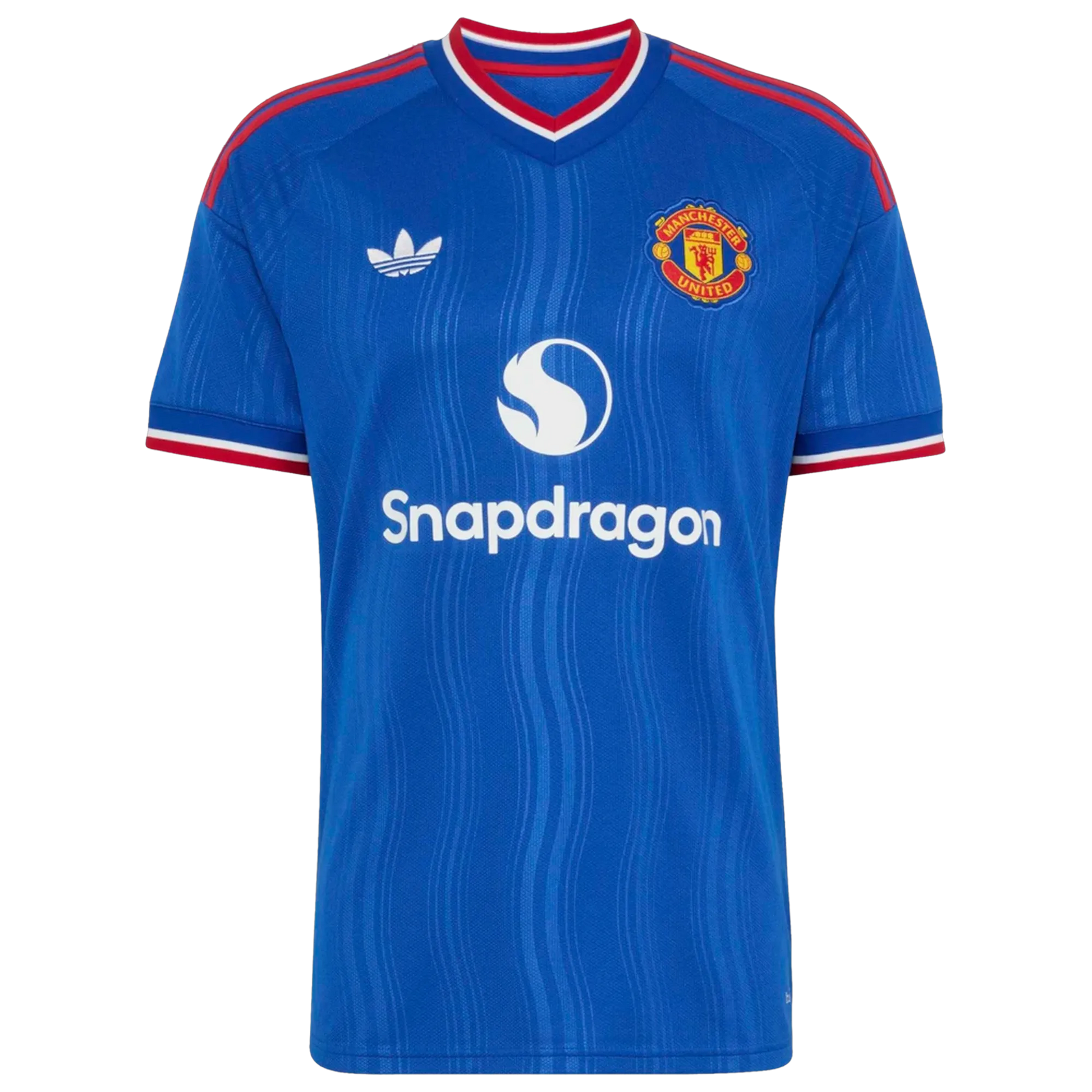 Front view of men's Manchester United 2026-2027 away royal blue replica soccer jersey by Final Third Kit