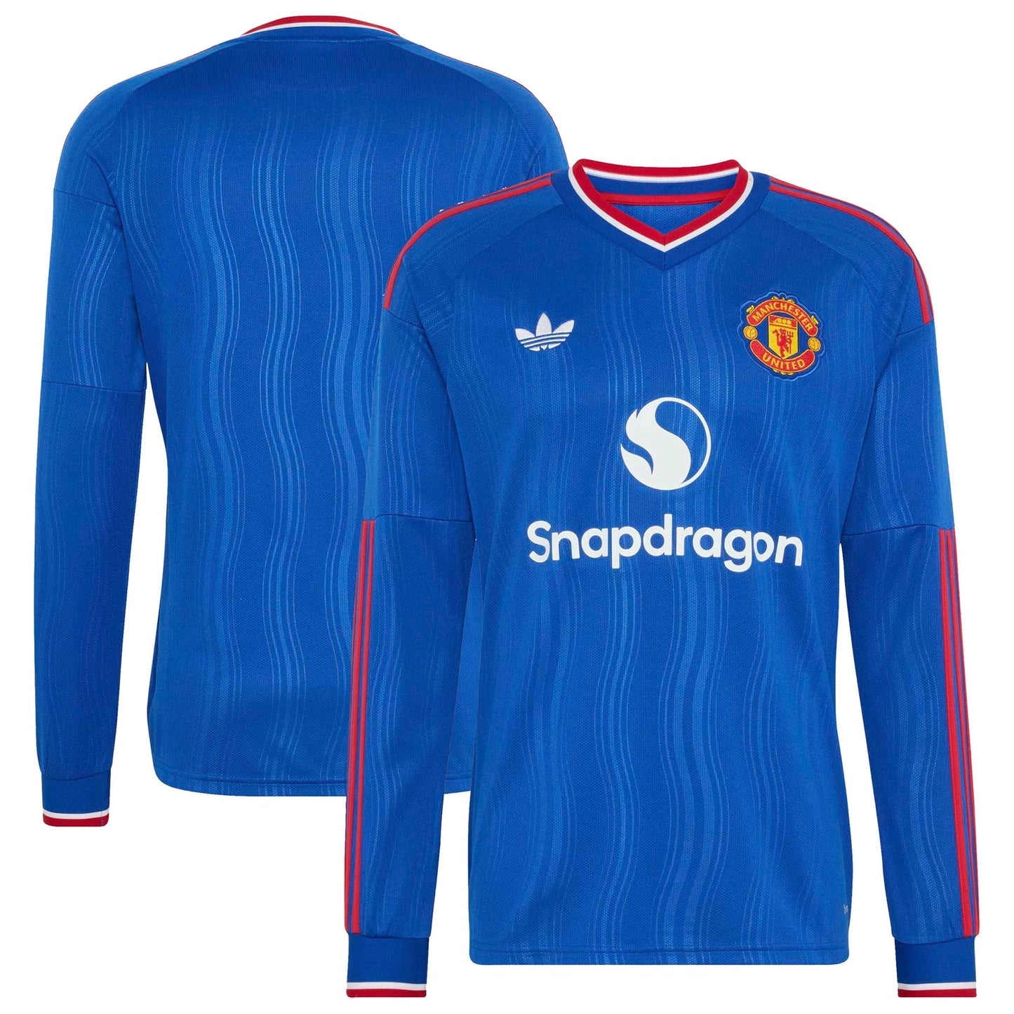 Front and back view of men's Manchester United 2026-2027 away royal blue replica long sleeve stadium jersey by Final Third Kit