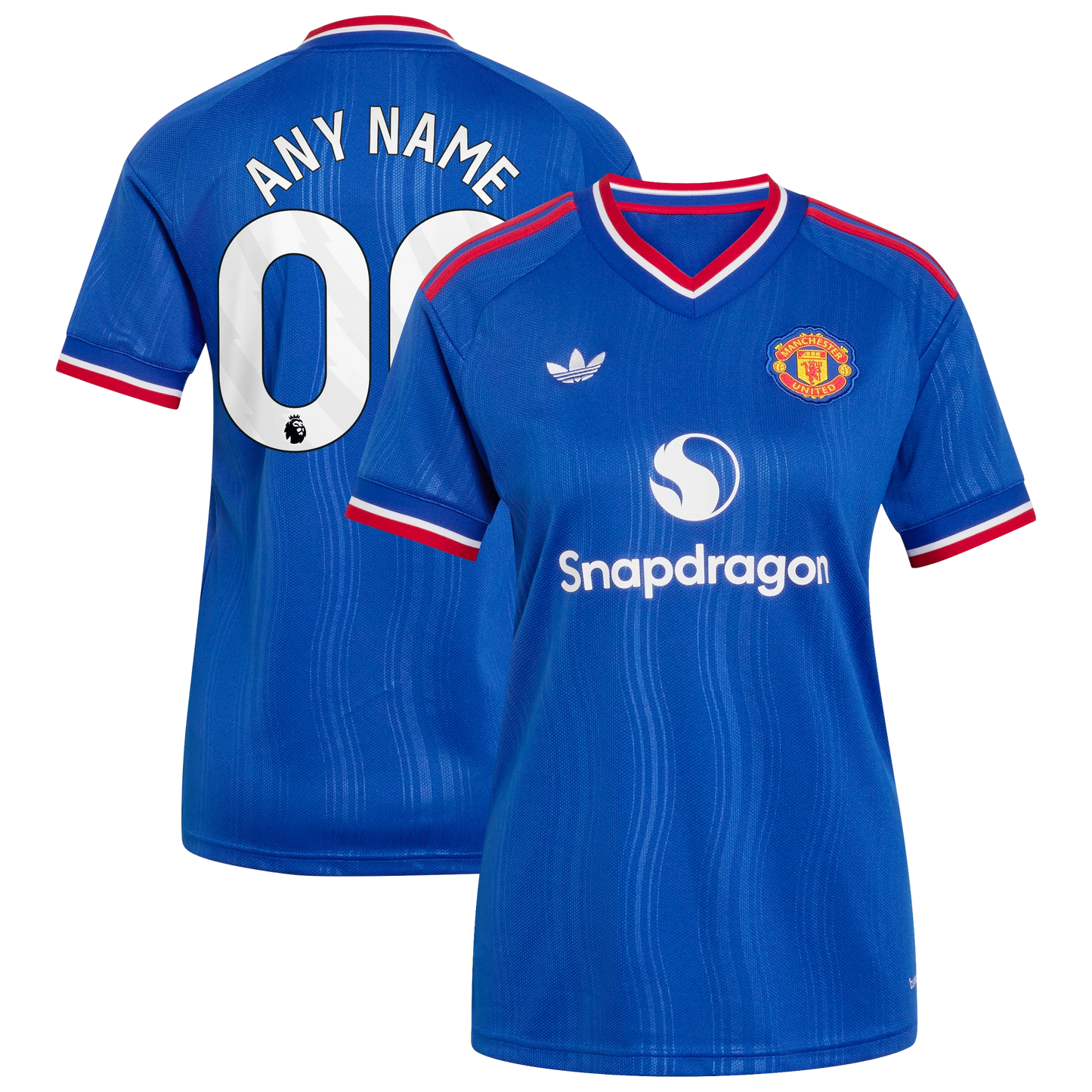 Front and back view of women's Manchester United 2026-2027 away royal blue replica custom jersey by Final Third Kit