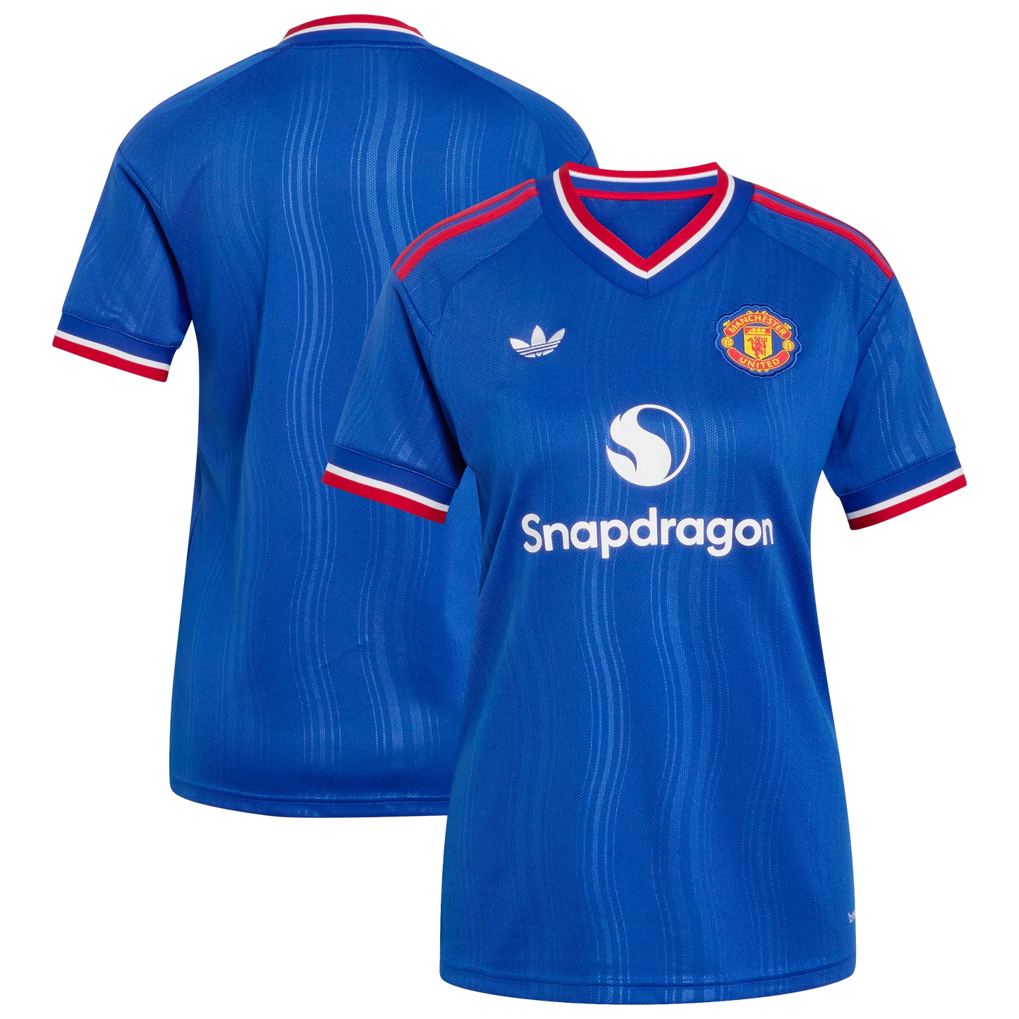 Front and back view of women's Manchester United 2026-2027 away royal blue replica stadium jersey by Final Third Kit