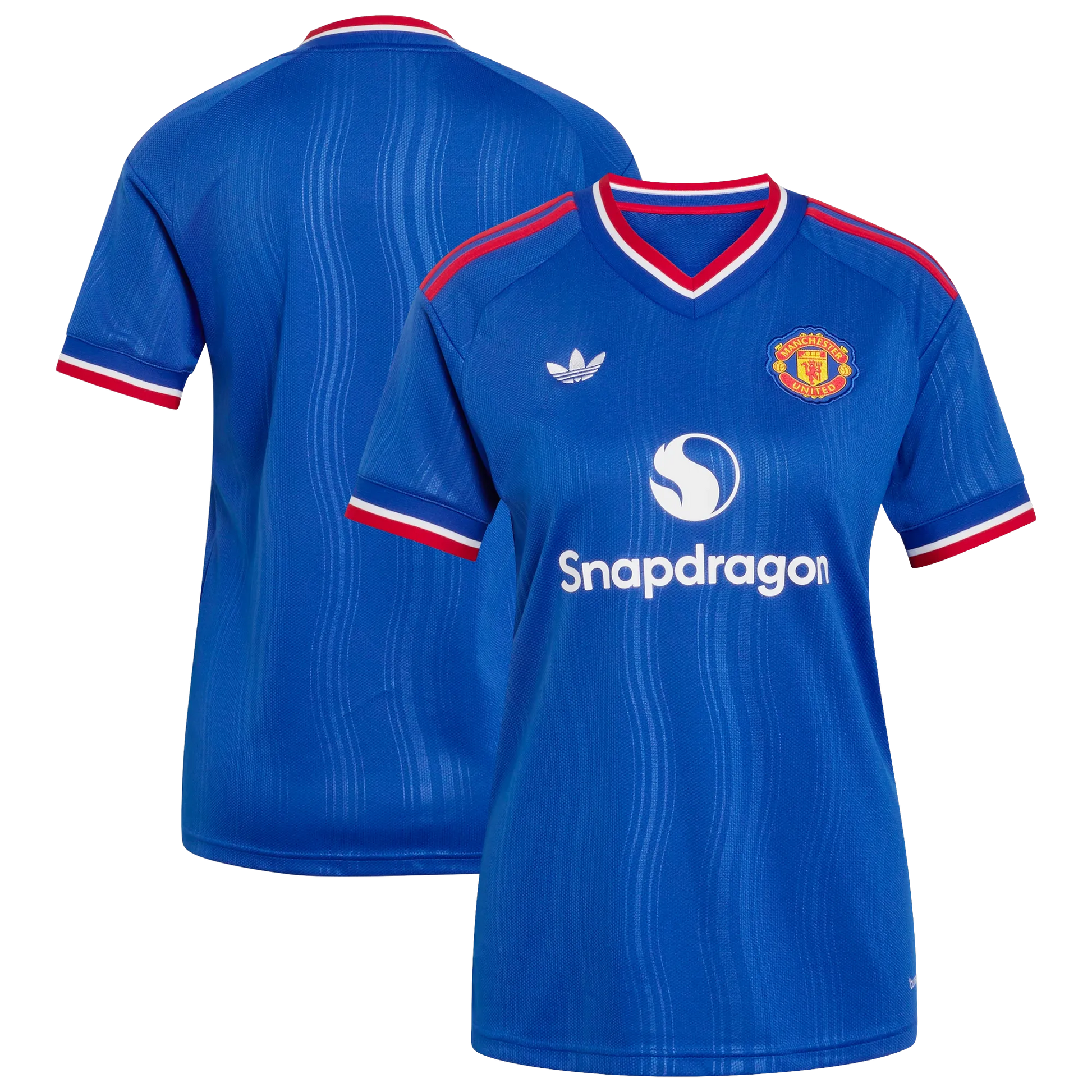 Front and back view of women's Manchester United 2026-2027 away royal blue replica stadium jersey by Final Third Kit