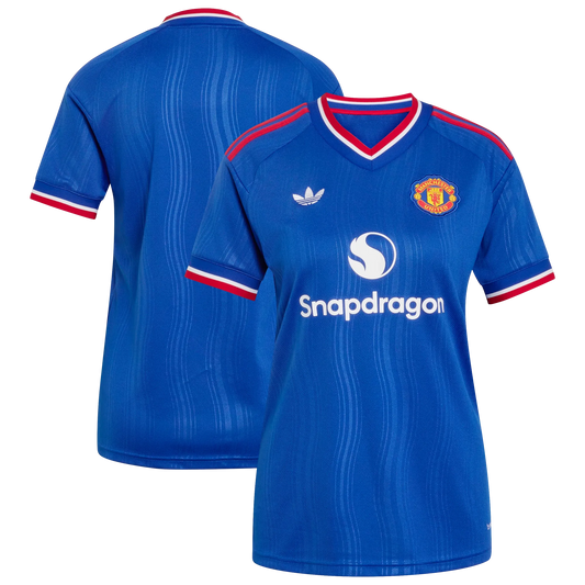 Front and back view of women's Manchester United 2026-2027 away royal blue replica stadium jersey by Final Third Kit