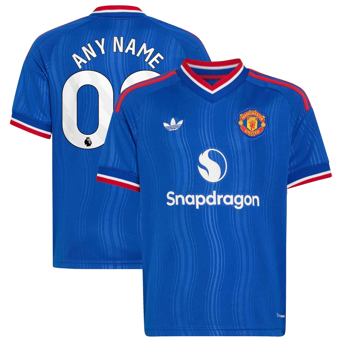 Front and back view of youth Manchester United 2026-2027 away royal blue replica custom jersey by Final Third Kit