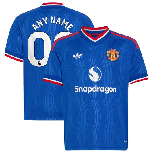 Front and back view of youth Manchester United 2026-2027 away royal blue replica custom jersey by Final Third Kit