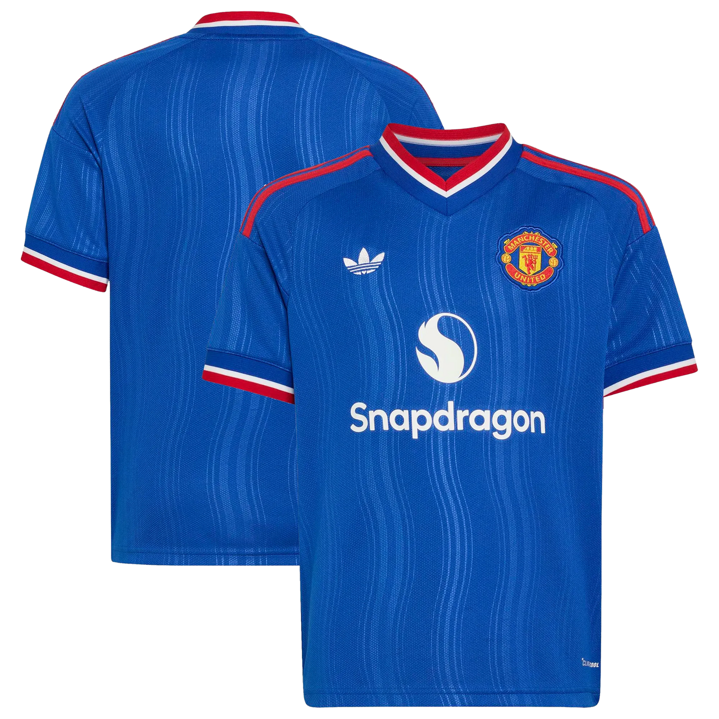Front and back view of youth Manchester United 2026-2027 away royal blue replica stadium jersey by Final Third Kit