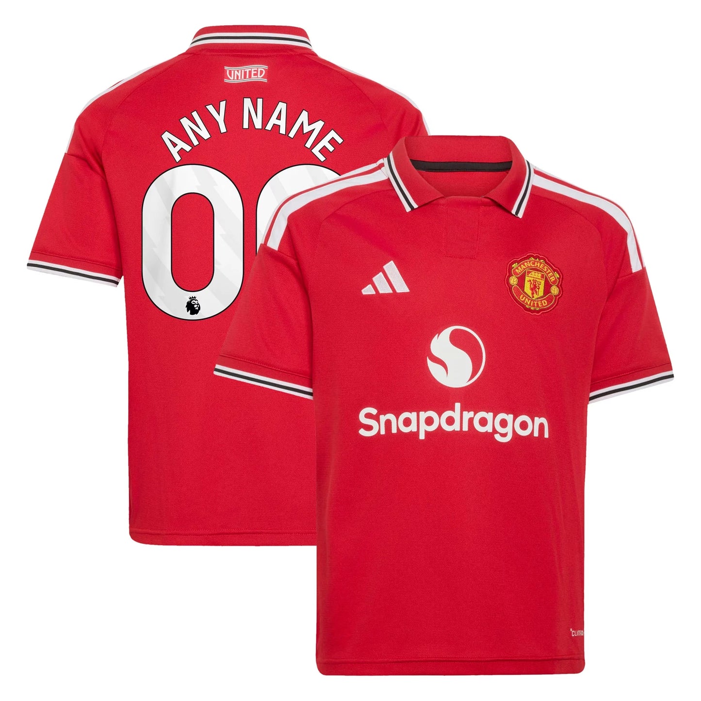 Front and back view of youth Manchester United 2026-2027 home red replica custom jersey by Final Third Kit