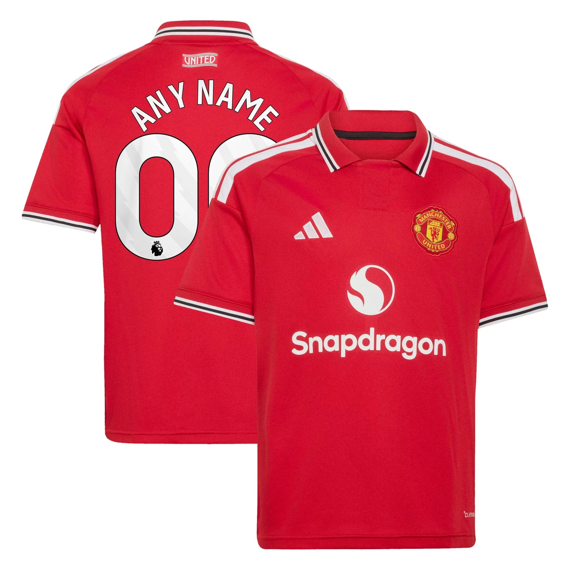 Front and back view of youth Manchester United 2026-2027 home red replica custom jersey by Final Third Kit