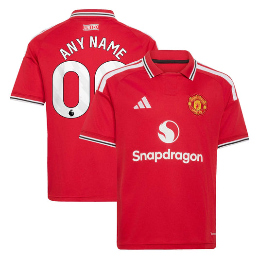 Front and back view of youth Manchester United 2026-2027 home red replica custom jersey by Final Third Kit