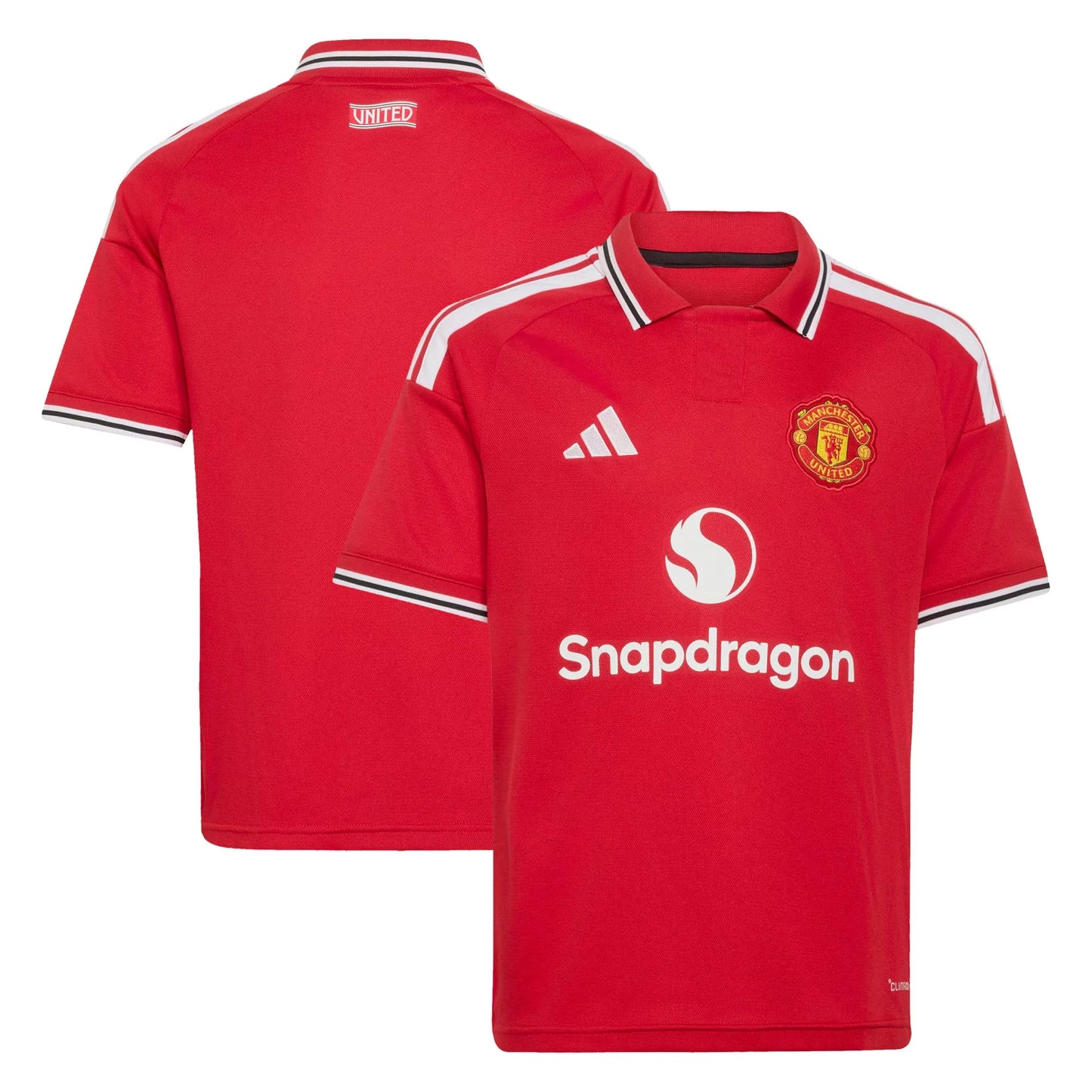 Front and back view of youth Manchester United 2026-2027 home red replica stadium jersey by Final Third Kit