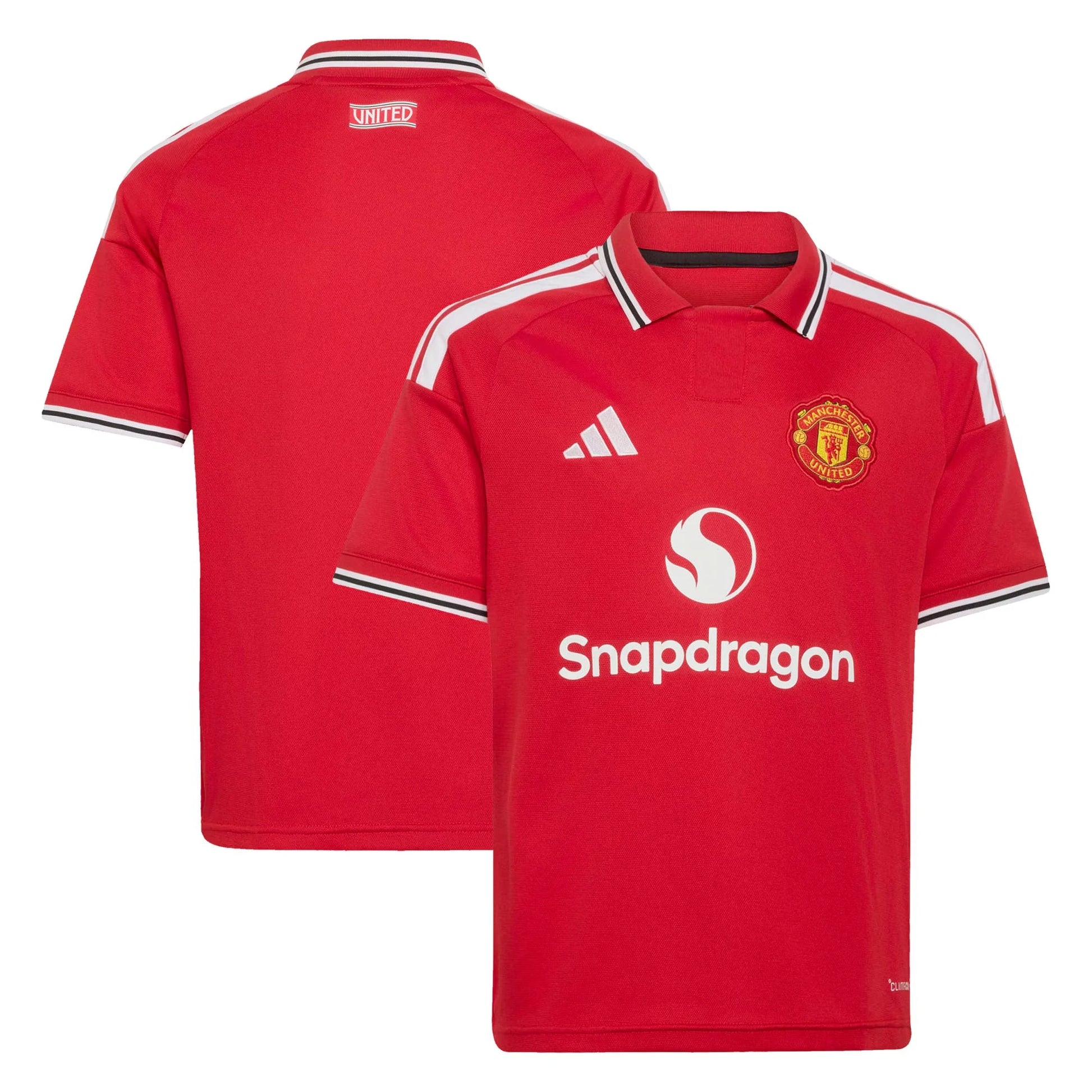 Front and back view of youth Manchester United 2026-2027 home red replica stadium jersey by Final Third Kit