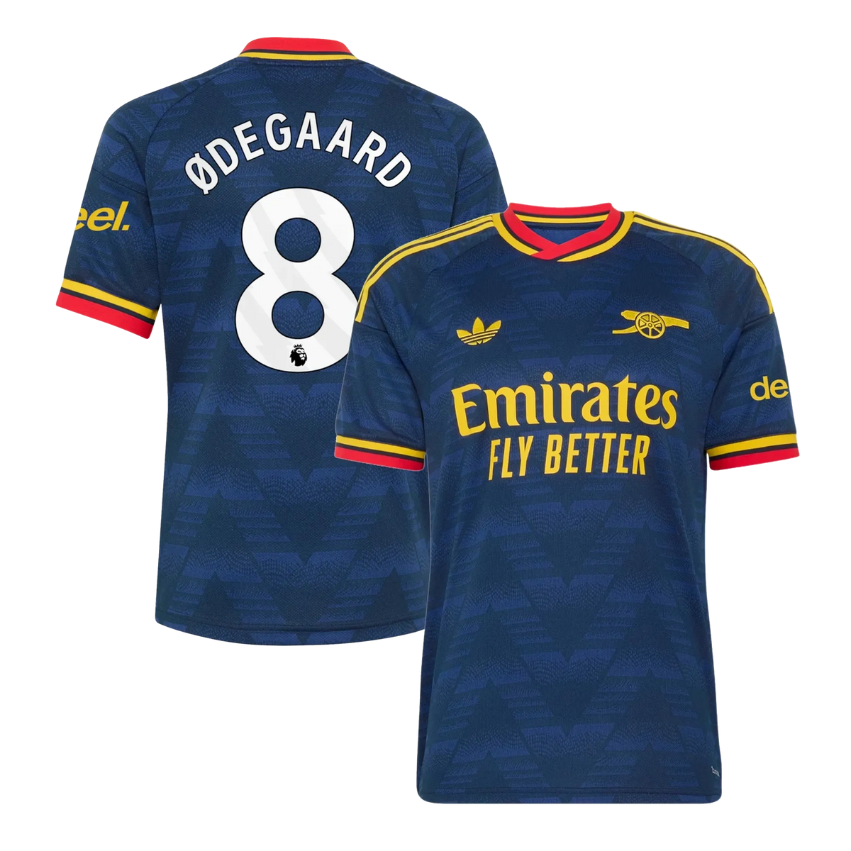 Arsenal 2026/27 away replica jersey front and back combined view with Martin Ødegaard 8 on back, navy base with red and white stripe details on front