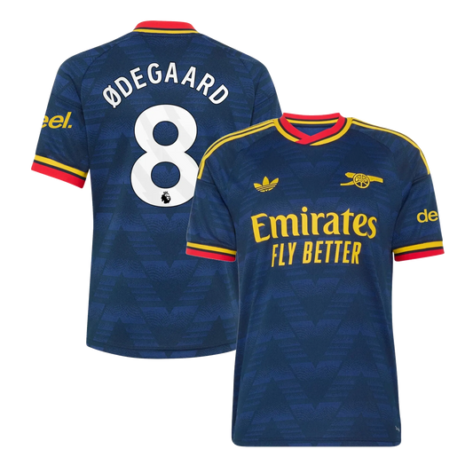 Arsenal 2026/27 away replica jersey front and back combined view with Martin Ødegaard 8 on back, navy base with red and white stripe details on front