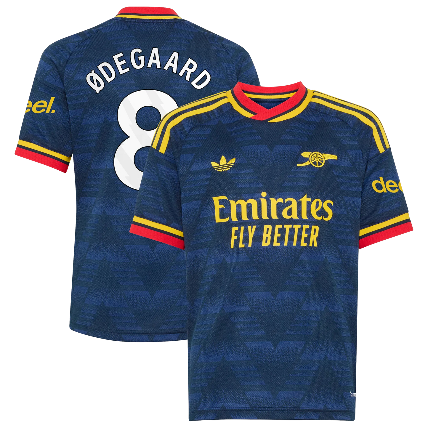 Front and back view of youth Arsenal 2026-2027 home red stadium replica jersey featuring Martin Ødegaard by Final Third Kit