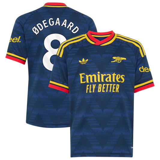 Front and back view of youth Arsenal 2026-2027 home red stadium replica jersey featuring Martin Ødegaard by Final Third Kit
