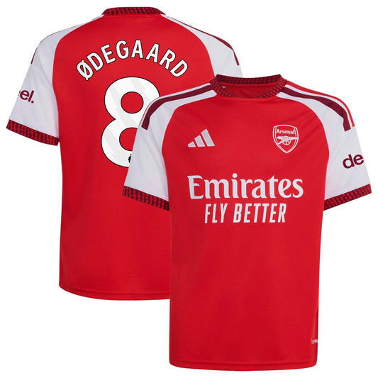 Front and back view of youth Arsenal 2026-2027 away navy stadium replica jersey featuring Martin Ødegaard by Final Third Kit