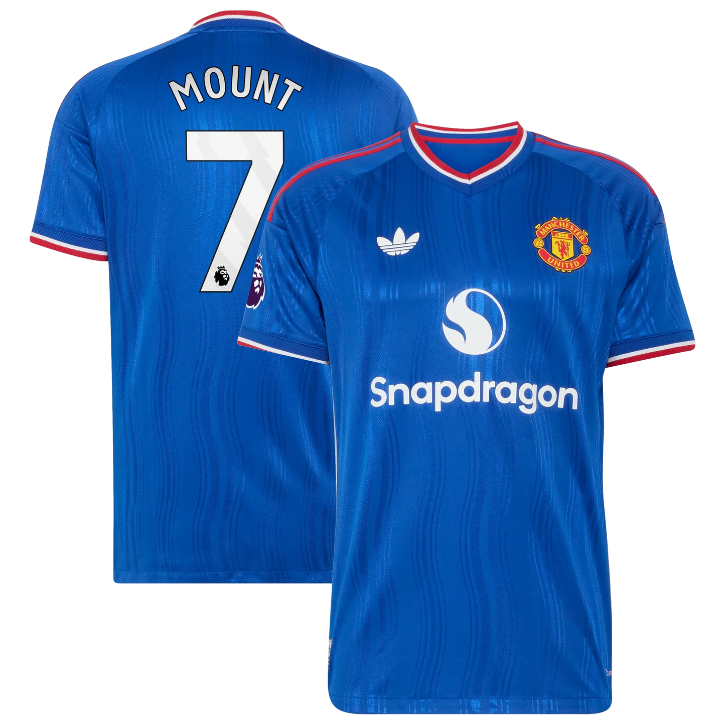 Front and back view of men's Manchester United 2026-2027 away royal blue on-field authentic jersey featuring Mason Mount by Final Third Kit
