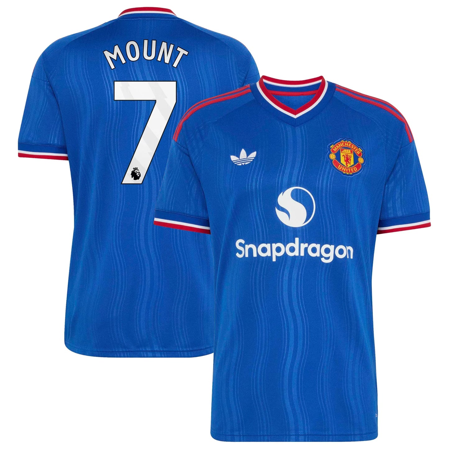Front and back view of men's Manchester United 2026-2027 away royal blue replica jersey featuring Mason Mount by Final Third Kit