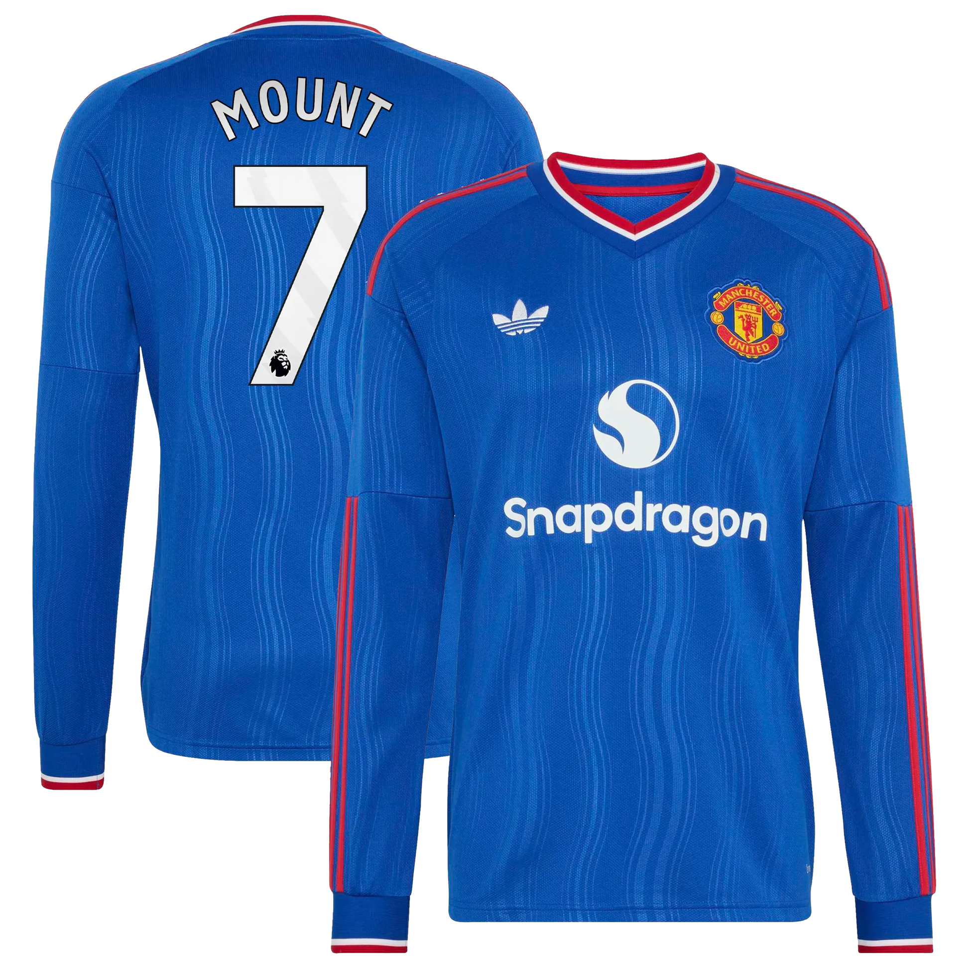 Front and back view of men's Manchester United 2026-2027 away royal blue replica long sleeve jersey featuring Mason Mount by Final Third Kit