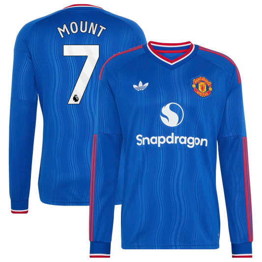 Front and back view of men's Manchester United 2026-2027 away royal blue replica long sleeve jersey featuring Mason Mount by Final Third Kit