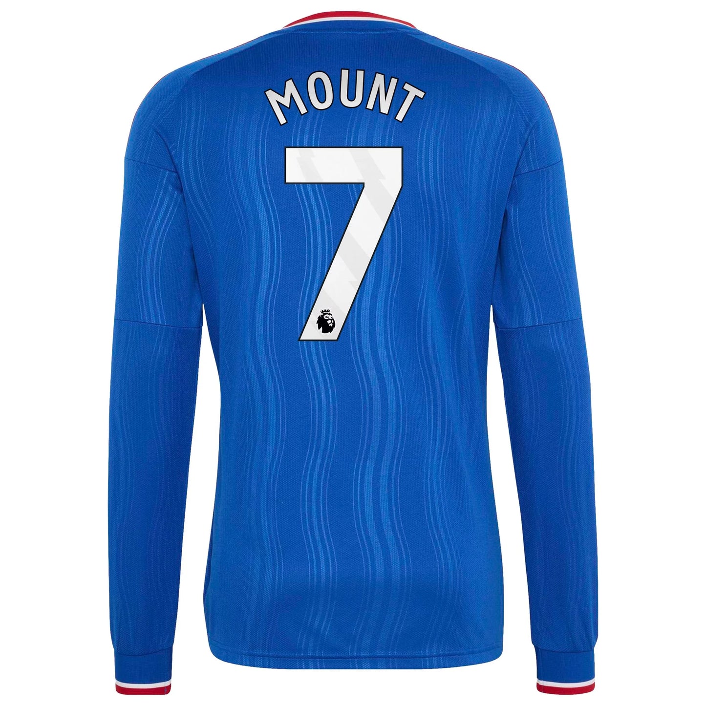 Back view of men's Manchester United 2026-2027 away royal blue replica long sleeve football shirt with Mason Mount name and number 7 printing by Final Third Kit
