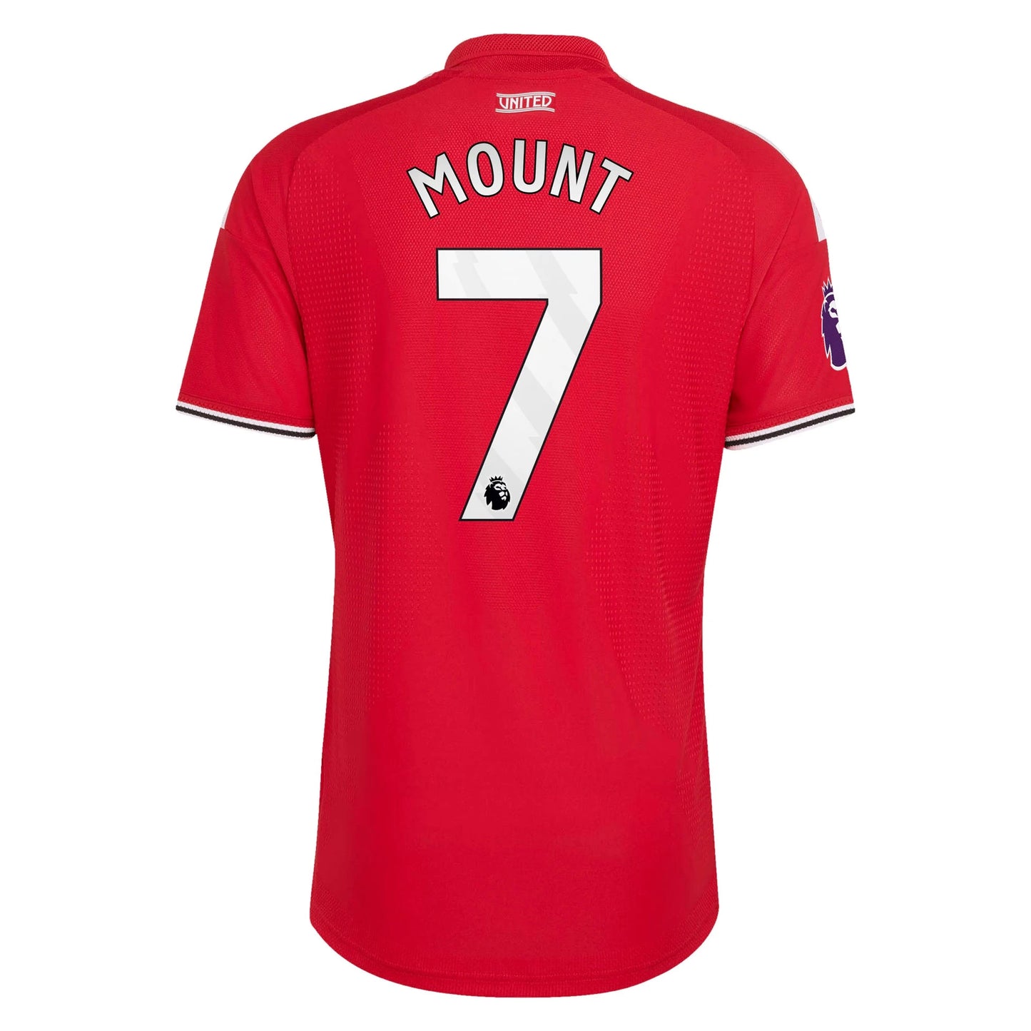 Back view of men's Manchester United 2026-2027 home red on-field authentic football shirt with Mason Mount name and number 7 printing by Final Third Kit