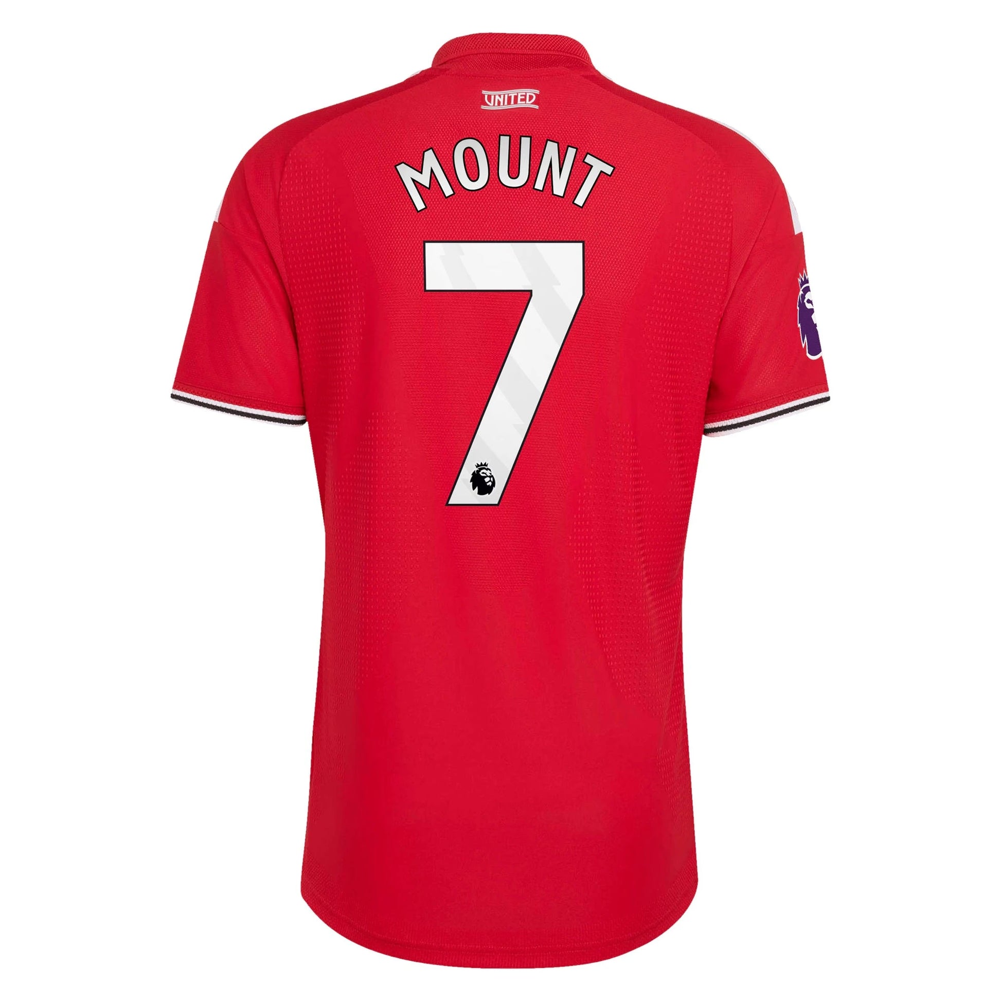 Back view of men's Manchester United 2026-2027 home red on-field authentic football shirt with Mason Mount name and number 7 printing by Final Third Kit