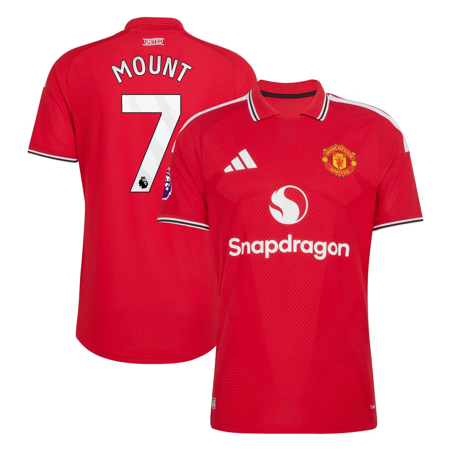 Front and back view of men's Manchester United 2026-2027 home red on-field authentic jersey featuring Mason Mount by Final Third Kit