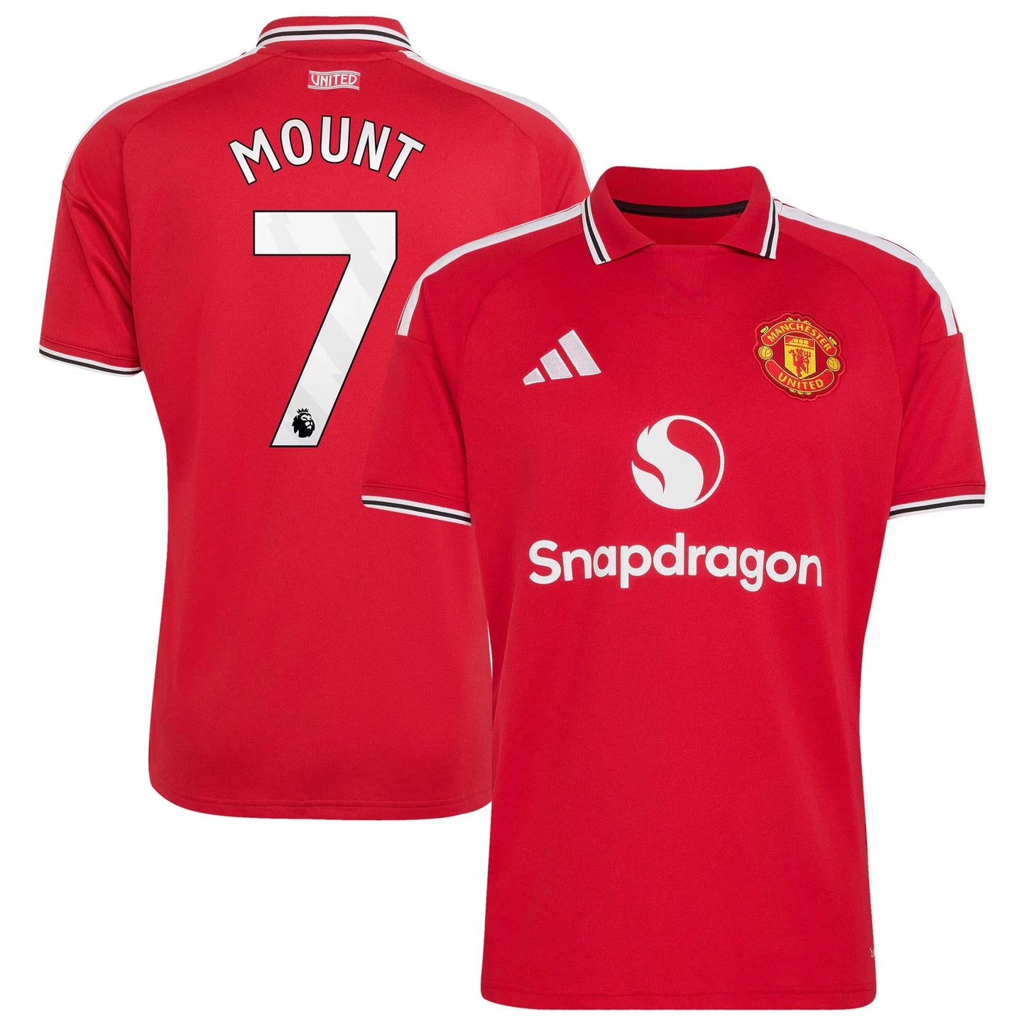 Front and back view of men's Manchester United 2026-2027 home red replica jersey featuring Mason Mount by Final Third Kit