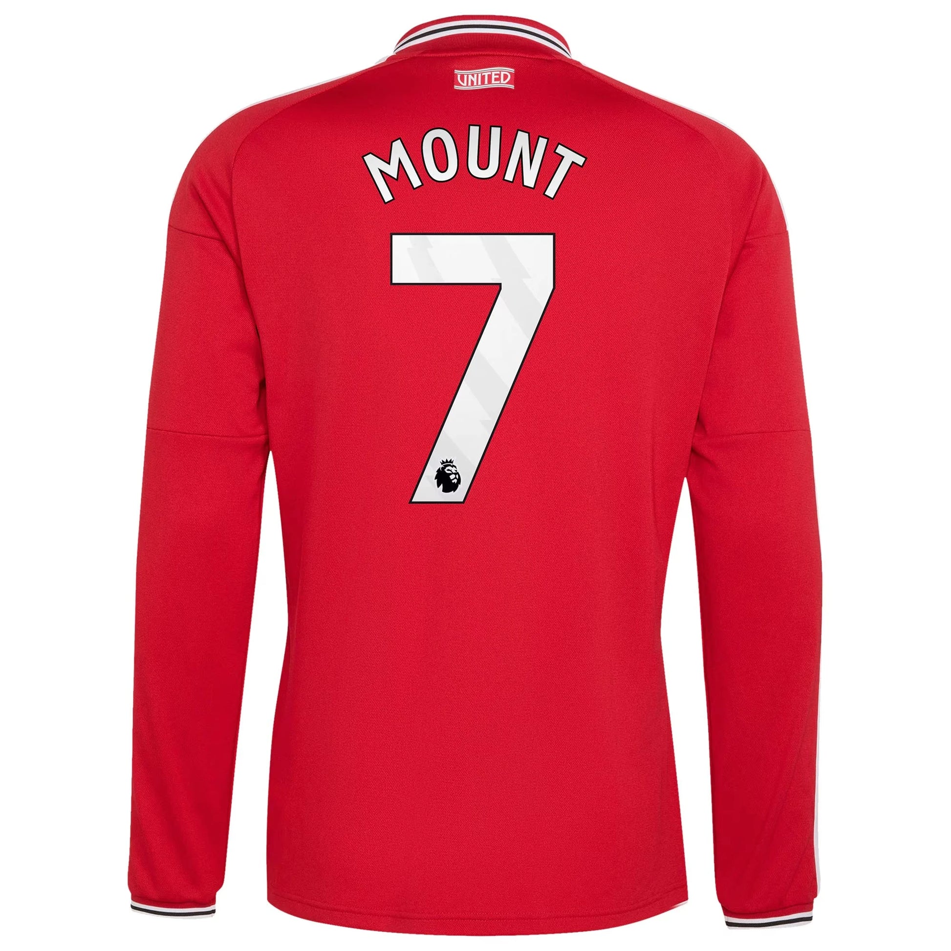 Back view of men's Manchester United 2026-2027 home red replica long sleeve football shirt with Mason Mount name and number 7 printing by Final Third Kit