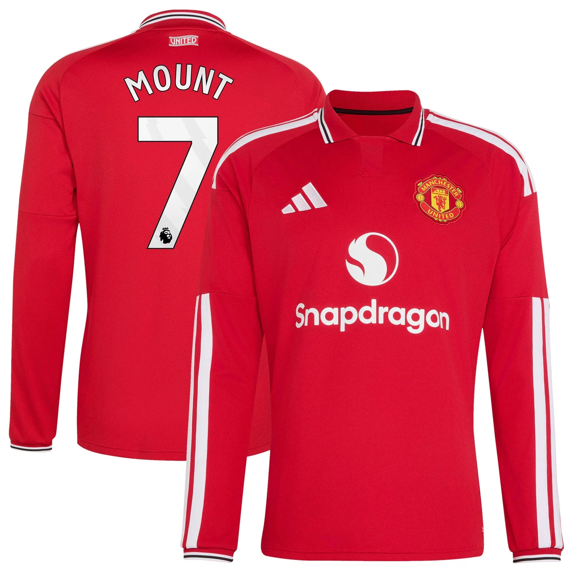 Front and back view of men's Manchester United 2026-2027 home red replica long sleeve jersey featuring Mason Mount by Final Third Kit