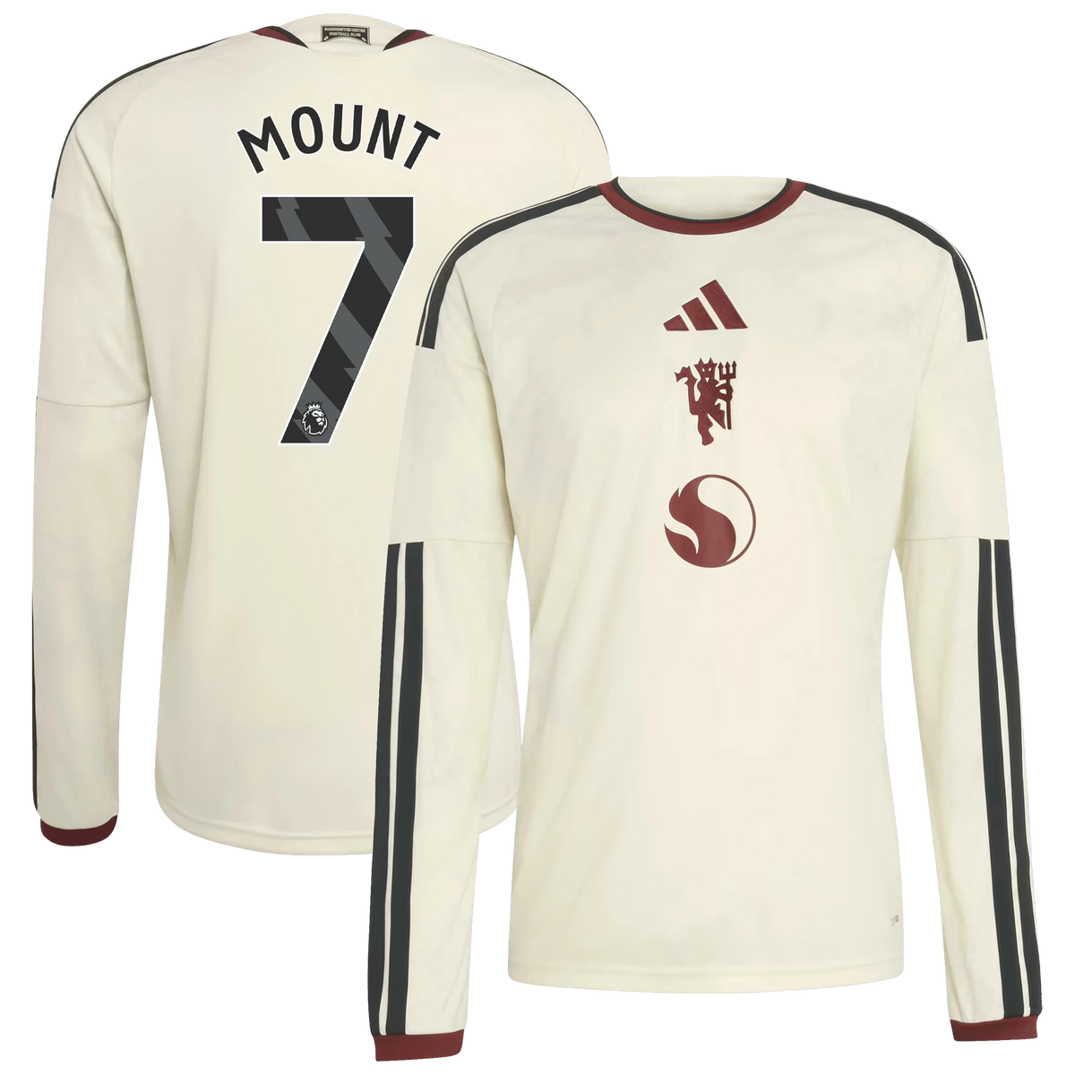 Front and back view of Manchester United 2026-2027 third cream replica long sleeve jersey featuring Mason Mount by Final Third Kit