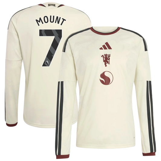 Front and back view of Manchester United 2026-2027 third cream replica long sleeve jersey featuring Mason Mount by Final Third Kit