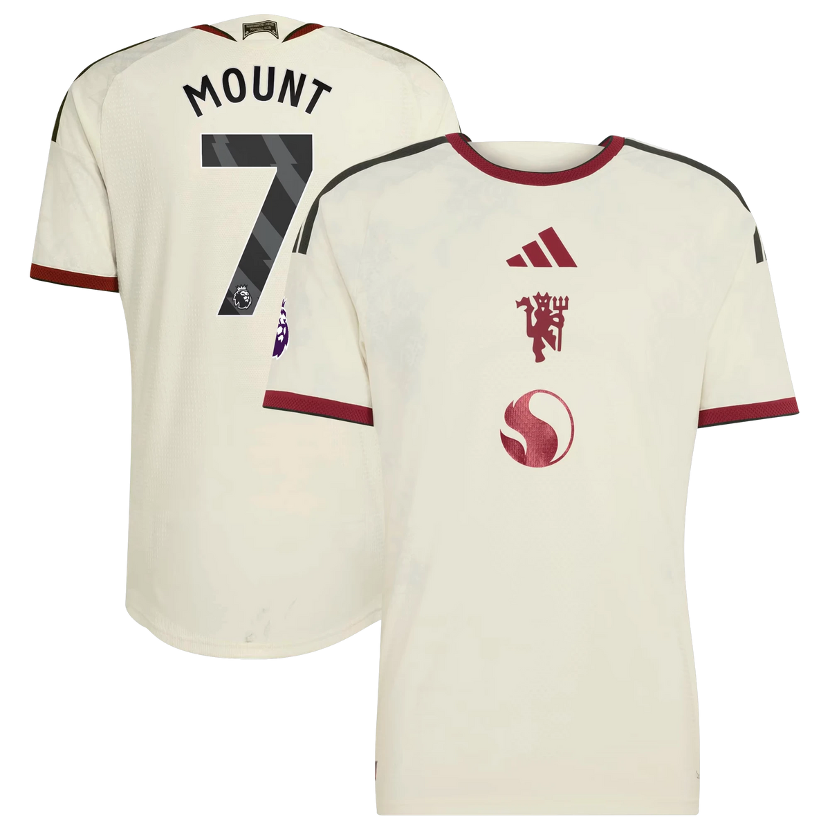 Front and back view of Manchester United 2026-2027 third cream on-field authentic jersey featuring Mason Mount by Final Third Kit