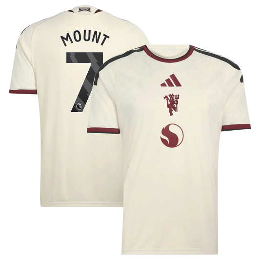 Front and back view of Manchester United 2026-2027 third cream replica jersey featuring Mason Mount by Final Third Kit