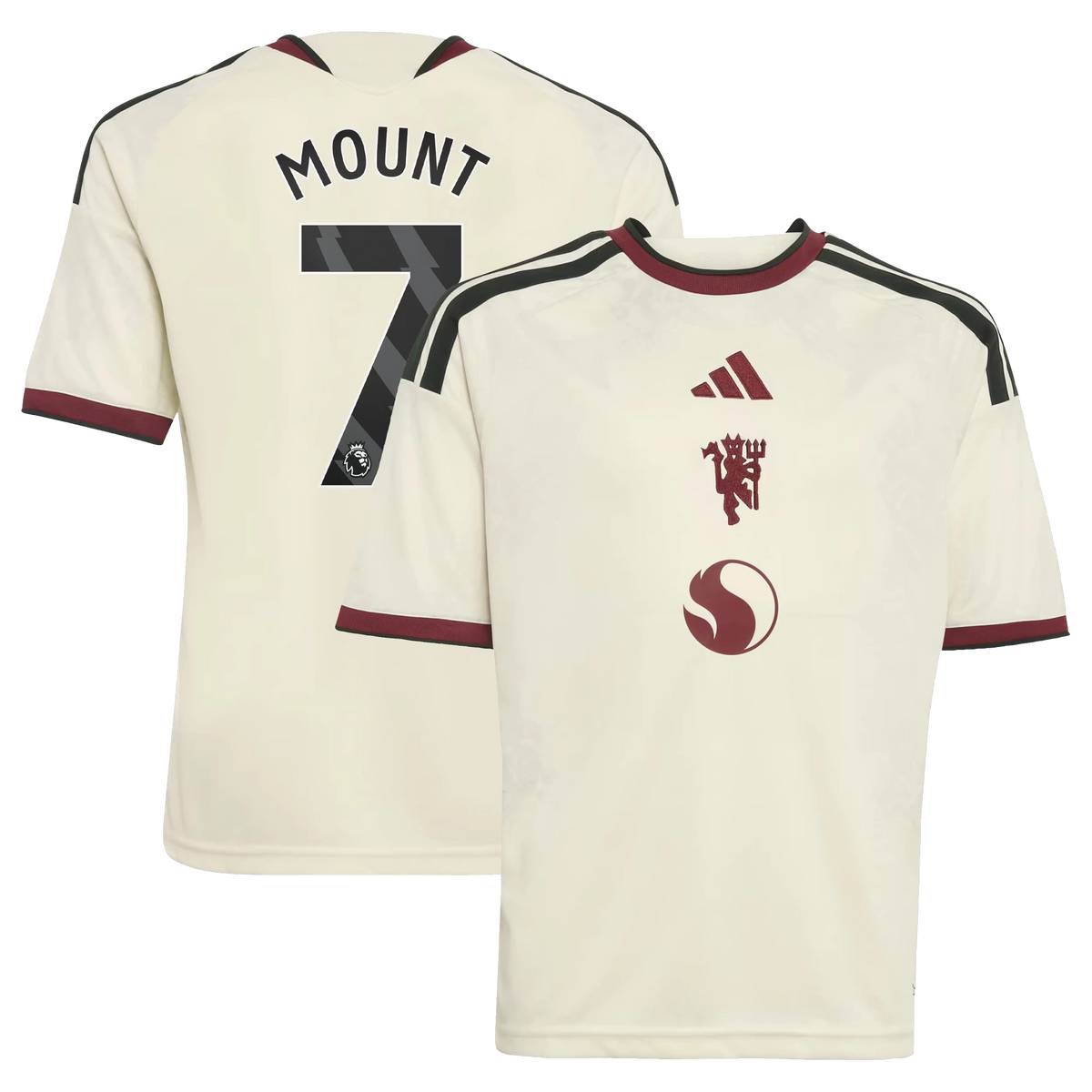 Front and back view of youth Manchester United 2026-2027 third cream replica jersey featuring Mason Mount by Final Third Kit