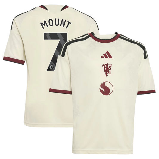 Front and back view of youth Manchester United 2026-2027 third cream replica jersey featuring Mason Mount by Final Third Kit