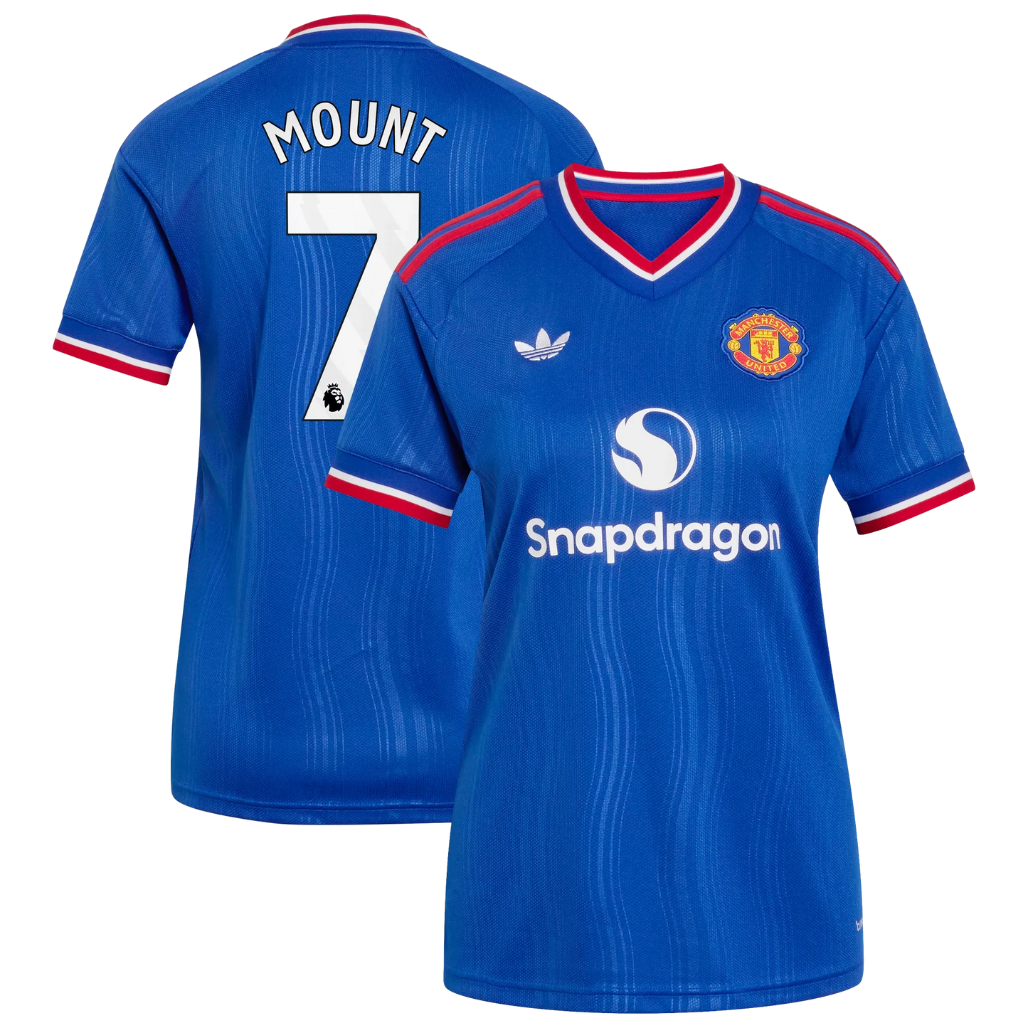 Front and back view of women's Manchester United 2026-2027 away royal blue replica jersey featuring Mason Mount by Final Third Kit
