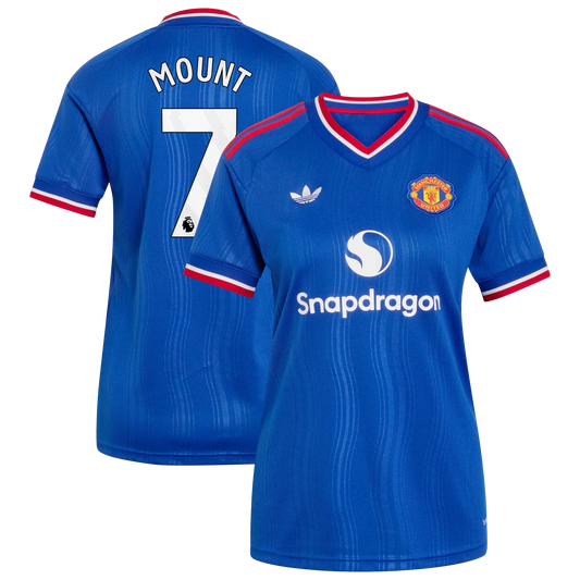 Front and back view of women's Manchester United 2026-2027 away royal blue replica jersey featuring Mason Mount by Final Third Kit