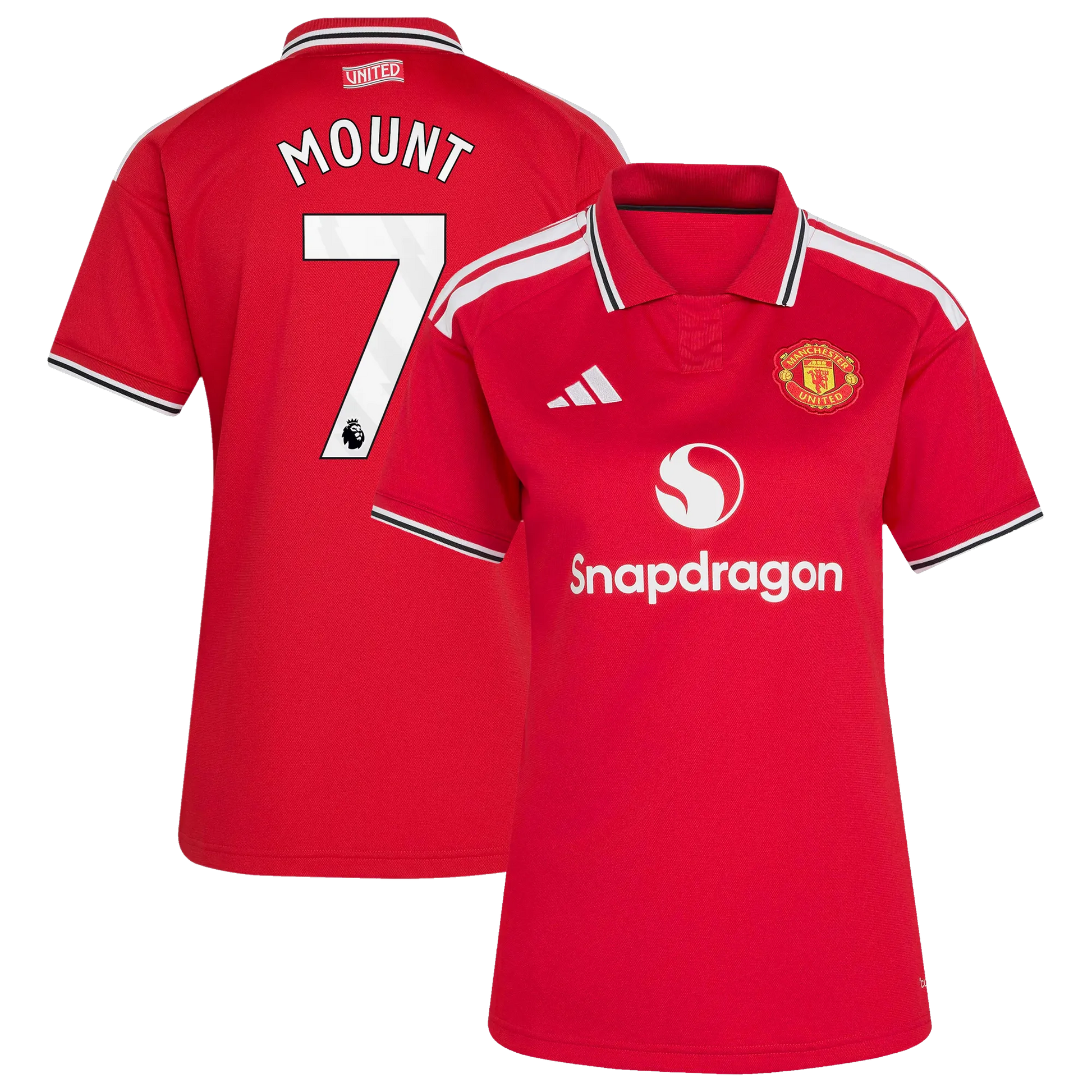 Front and back view of women's Manchester United 2026-2027 home red replica jersey featuring Mason Mount by Final Third Kit