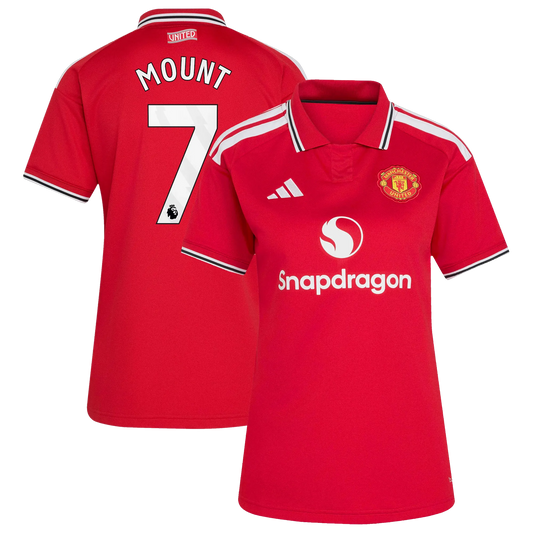 Front and back view of women's Manchester United 2026-2027 home red replica jersey featuring Mason Mount by Final Third Kit