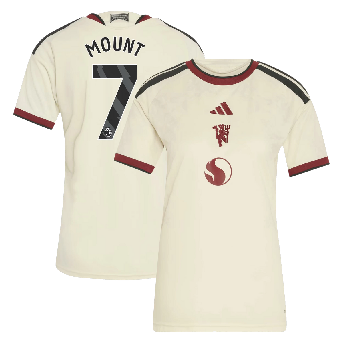 Front and back view of women's Manchester United 2026-2027 third cream replica jersey featuring Mason Mount by Final Third Kit
