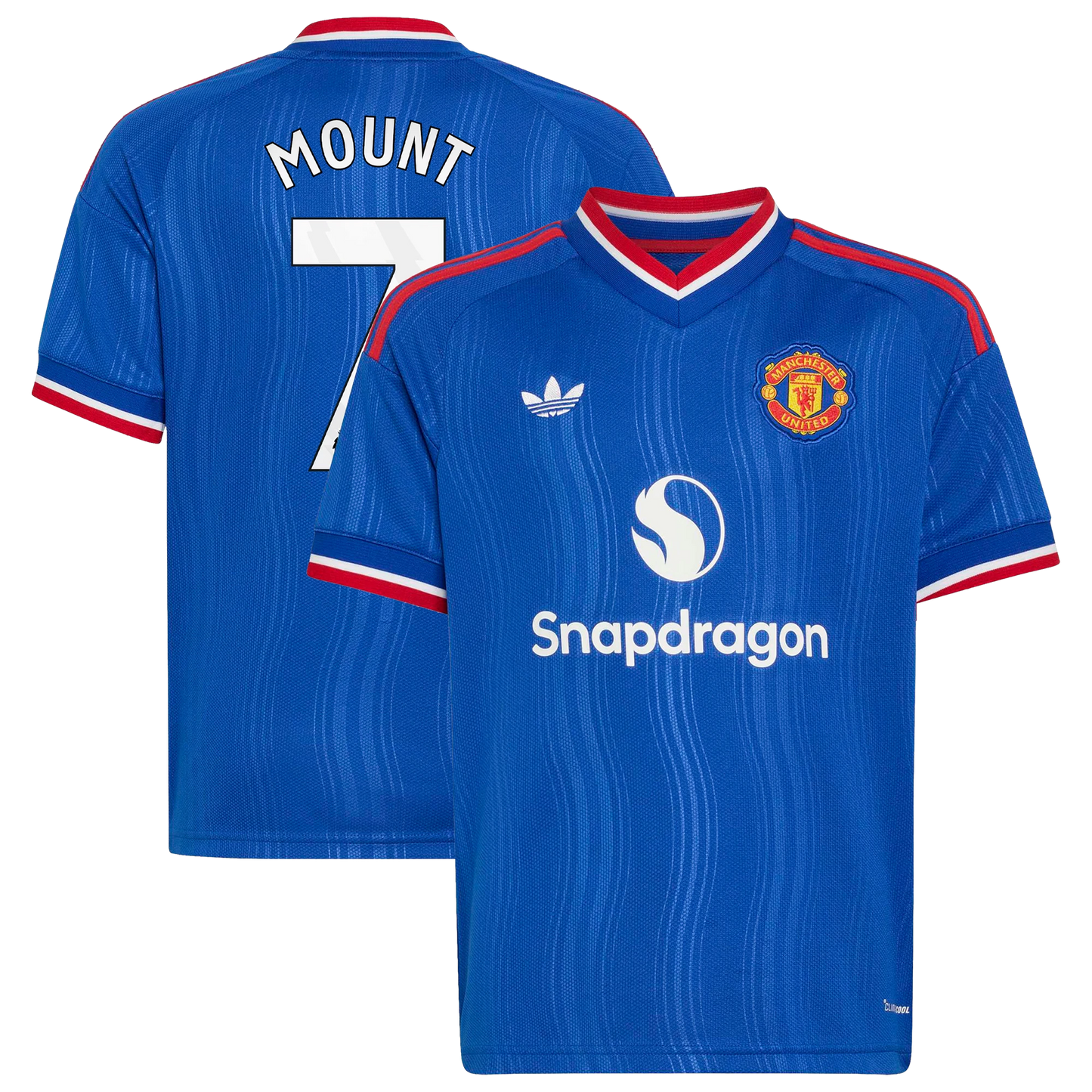 Front and back view of youth Manchester United 2026-2027 away royal blue replica jersey featuring Mason Mount by Final Third Kit
