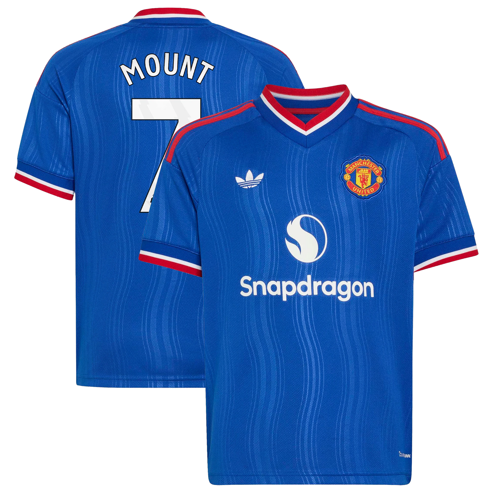 Front and back view of youth Manchester United 2026-2027 away royal blue replica jersey featuring Mason Mount by Final Third Kit