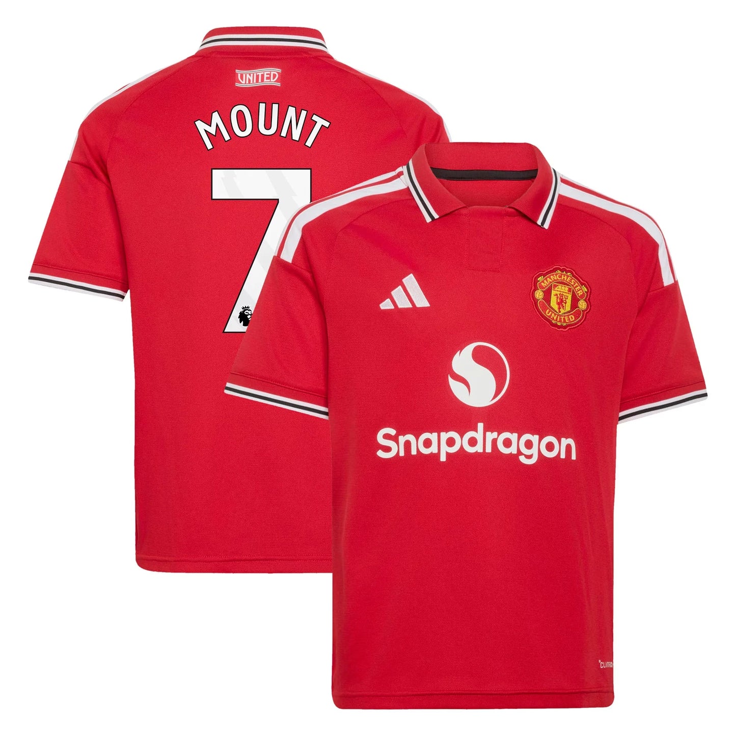Front and back view of youth Manchester United 2026-2027 home red replica jersey featuring Mason Mount by Final Third Kit