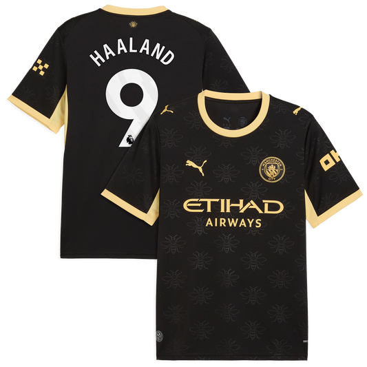 Front and back view of men's Manchester City 2026-2027 away black replica jersey featuring Erling Haaland by Final Third Kit