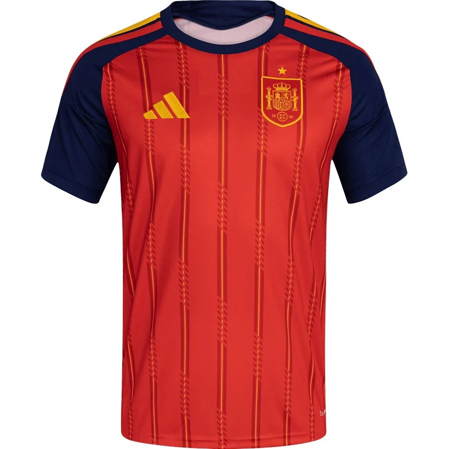 Flat lay of Spain home stadium replica jersey front blank with team crest